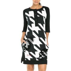 DESIGUAL houndstooth mini dress XL black white knit casual bold print stretch